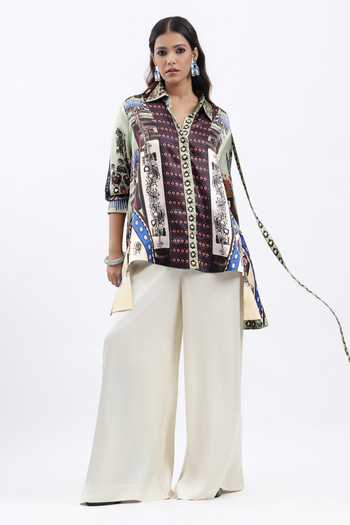Buy AK-OK Green Silk Collared Neck Geometric Print Shirt Buy_AK-OK_Green Silk Collared Neck Geometric Print Shirt