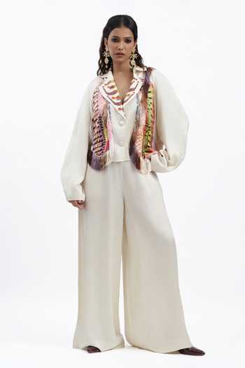 AK-OK_Off White Collared Neck Fringed Cropped Jacket _at_Aza_Fashions