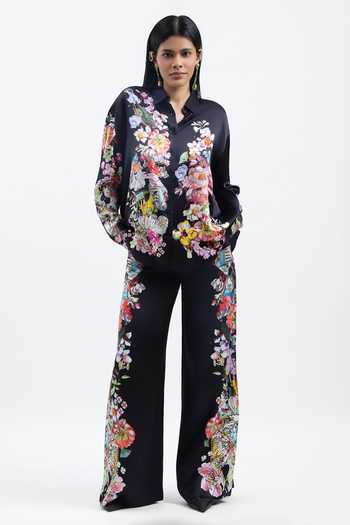 Shop AK-OK Black Silk Collared Neck Floral Print Shirt Online at Aza Fashions Shop_AK-OK_Black Silk Collared Neck Floral Print Shirt _Online_at_Aza_Fashions
