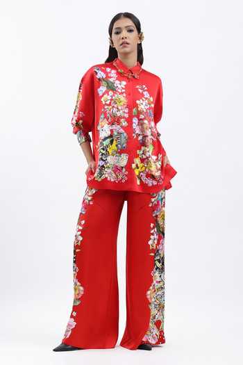Buy AK-OK Red Silk Collared Neck Botanical Print Shirt Online at Aza Fashions Buy_AK-OK_Red Silk Collared Neck Botanical Print Shirt _Online_at_Aza_Fashions