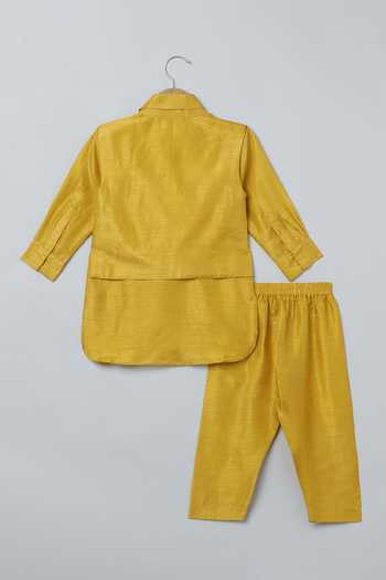 Shop_Byb Premium_Yellow Silk, Cotton Gota Patti Hand Embroidered Bundi And Kurta Set _Online_at_Aza_Fashions
