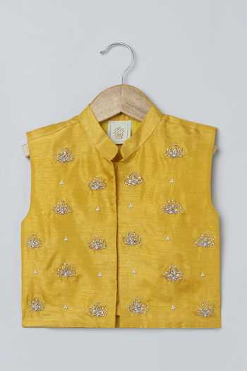 Shop Byb Premium Yellow Silk, Cotton Gota Patti Hand Embroidered Bundi And Kurta Set Shop_Byb Premium_Yellow Silk, Cotton Gota Patti Hand Embroidered Bundi And Kurta Set