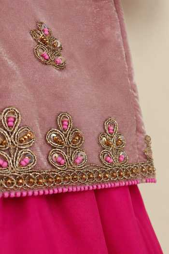 Buy Byb Premium Pink Velvet, Taffeta Hand Embroidered Kurta Lehenga Set Buy_Byb Premium_Pink Velvet, Taffeta Hand Embroidered Kurta Lehenga Set