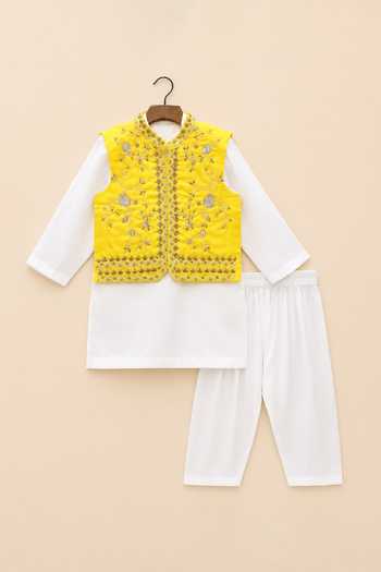 Buy Byb Premium Off White Cotton, Chanderi, Tissue Floral Embroidered Nehru Jacket Set Buy_Byb Premium_Off White Cotton, Chanderi, Tissue Floral Embroidered Nehru Jacket Set