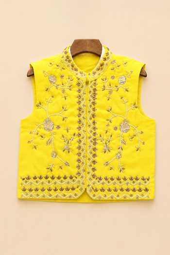 Shop Byb Premium Off White Cotton, Chanderi, Tissue Floral Embroidered Nehru Jacket Set Shop_Byb Premium_Off White Cotton, Chanderi, Tissue Floral Embroidered Nehru Jacket Set