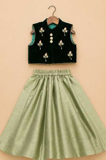 Byb Premium Green Cotton, Velvet Hand Embroidered Top With Skirt Online at Aza Fashions Byb Premium_Green Cotton, Velvet Hand Embroidered Top With Skirt _Online_at_Aza_Fashions
