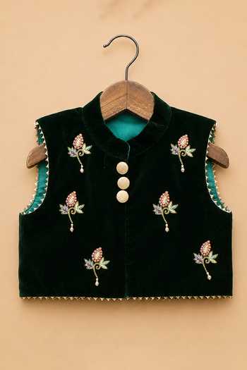 Buy Byb Premium Green Cotton, Velvet Hand Embroidered Top With Skirt Online at Aza Fashions Buy_Byb Premium_Green Cotton, Velvet Hand Embroidered Top With Skirt _Online_at_Aza_Fashions