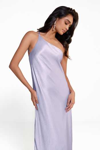 Buy Dash And Dot Purple Polyester Asymmetric Neck, One Shoulder Dress Online at Aza Fashions Buy_Dash And Dot_Purple Polyester Asymmetric Neck, One Shoulder Dress _Online_at_Aza_Fashions
