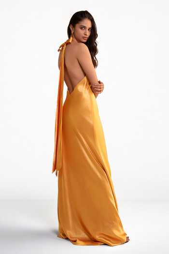 Dash And Dot_Orange Polyester Halter Neck Back Knot Maxi Dress _Online_at_Aza_Fashions
