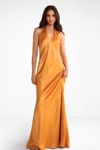 Shop_Dash And Dot_Orange Polyester Halter Neck Back Knot Maxi Dress _Online_at_Aza_Fashions