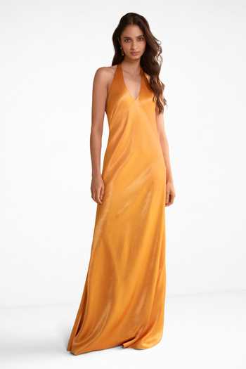 Dash And Dot_Orange Polyester Halter Neck Back Knot Maxi Dress _at_Aza_Fashions