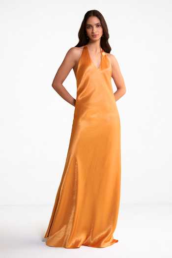 Buy_Dash And Dot_Orange Polyester Halter Neck Back Knot Maxi Dress 