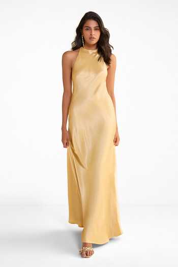 Dash And Dot Gold Polyester Halter Neck Dress Online at Aza Fashions Dash And Dot_Gold Polyester Halter Neck Dress _Online_at_Aza_Fashions
