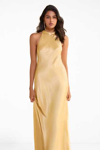 Shop Dash And Dot Gold Polyester Halter Neck Dress Online at Aza Fashions Shop_Dash And Dot_Gold Polyester Halter Neck Dress _Online_at_Aza_Fashions