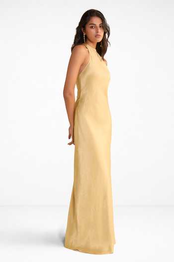 Dash And Dot Gold Polyester Halter Neck Dress at Aza Fashions Dash And Dot_Gold Polyester Halter Neck Dress _at_Aza_Fashions