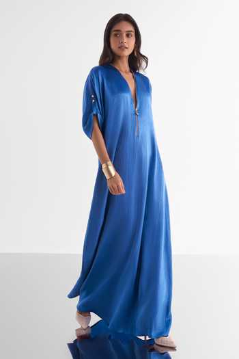 Dash And Dot_Blue Polyester Plunge Neck Maxi Dress _Online_at_Aza_Fashions