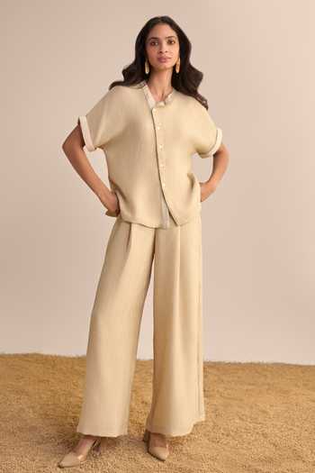Buy_Dash And Dot_Beige Polyester Mandarin Collar Textured Asymmetric Shirt And Palazzo Set _Online_at_Aza_Fashions