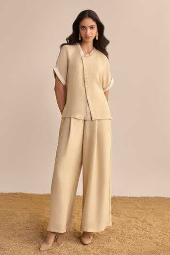 Shop_Dash And Dot_Beige Polyester Mandarin Collar Textured Asymmetric Shirt And Palazzo Set _Online_at_Aza_Fashions
