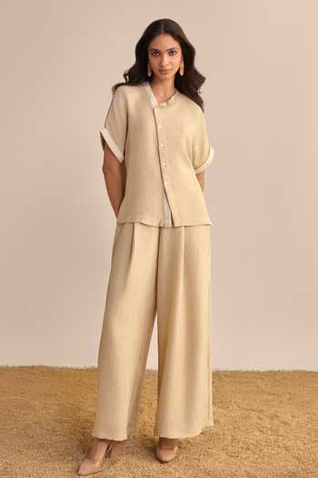 Buy_Dash And Dot_Beige Polyester Mandarin Collar Textured Asymmetric Shirt And Palazzo Set 