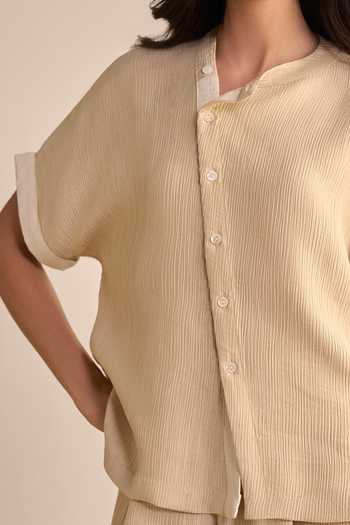 Shop_Dash And Dot_Beige Polyester Mandarin Collar Textured Asymmetric Shirt And Palazzo Set 