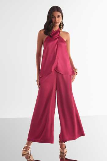 Dash And Dot_Wine Polyester Halter Neck Front Overlap Top And Palazzo Set _Online_at_Aza_Fashions