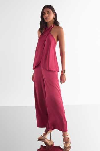 Buy_Dash And Dot_Wine Polyester Halter Neck Front Overlap Top And Palazzo Set _Online_at_Aza_Fashions
