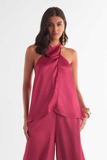 Shop_Dash And Dot_Wine Polyester Halter Neck Front Overlap Top And Palazzo Set _Online_at_Aza_Fashions