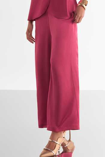 Dash And Dot_Wine Polyester Halter Neck Front Overlap Top And Palazzo Set _at_Aza_Fashions