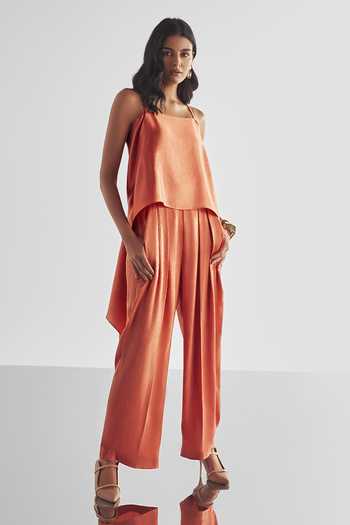 Dash And Dot_Coral Polyester Square Neck Draped Textured Top And Pant Set _Online_at_Aza_Fashions