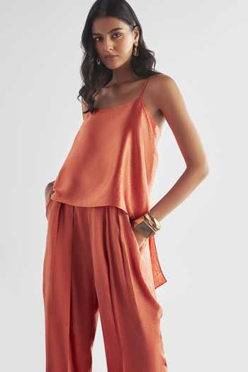Shop_Dash And Dot_Coral Polyester Square Neck Draped Textured Top And Pant Set _Online_at_Aza_Fashions