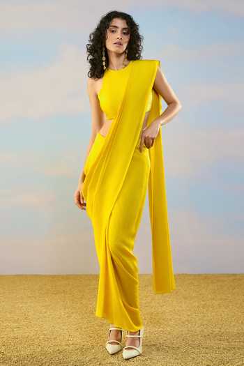 Dash And Dot_Yellow Viscose Textured Draped Skirt _at_Aza_Fashions