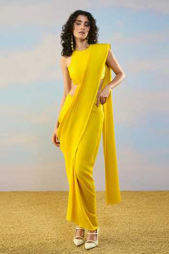 Buy Dash And Dot Yellow Viscose Round Neck Textured Blouse And Draped Skirt Set Online at Aza Fashions Buy_Dash And Dot_Yellow Viscose Round Neck Textured Blouse And Draped Skirt Set _Online_at_Aza_Fashions