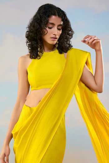 Shop Dash And Dot Yellow Viscose Round Neck Textured Blouse And Draped Skirt Set Online at Aza Fashions Shop_Dash And Dot_Yellow Viscose Round Neck Textured Blouse And Draped Skirt Set _Online_at_Aza_Fashions