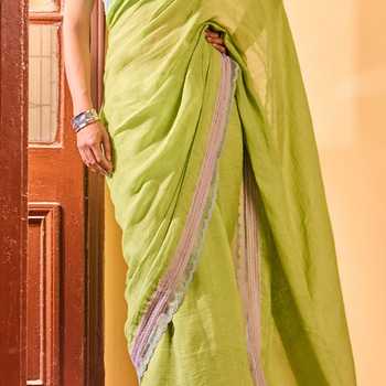 Dressfolk Green Linen Handwoven Saree And Unstitched Blouse With Lace Border Online at Aza Fashions Dressfolk_Green Linen Handwoven Saree And Unstitched Blouse With Lace Border _Online_at_Aza_Fashions