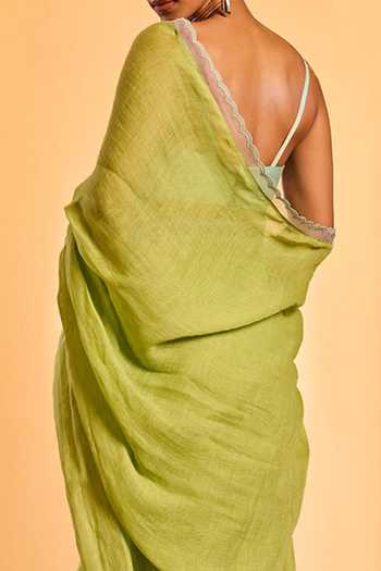 Buy Dressfolk Green Linen Handwoven Saree And Unstitched Blouse With Lace Border Online at Aza Fashions Buy_Dressfolk_Green Linen Handwoven Saree And Unstitched Blouse With Lace Border _Online_at_Aza_Fashions