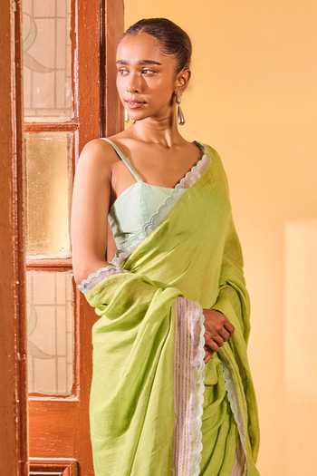Shop Dressfolk Green Linen Handwoven Saree And Unstitched Blouse With Lace Border Online at Aza Fashions Shop_Dressfolk_Green Linen Handwoven Saree And Unstitched Blouse With Lace Border _Online_at_Aza_Fashions
