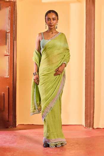 Buy Dressfolk Green Linen Handwoven Saree And Unstitched Blouse With Lace Border Buy_Dressfolk_Green Linen Handwoven Saree And Unstitched Blouse With Lace Border
