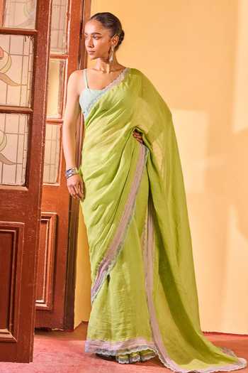 Dressfolk Handwoven Linen Saree & Unstitched Blouse With Lace Border 