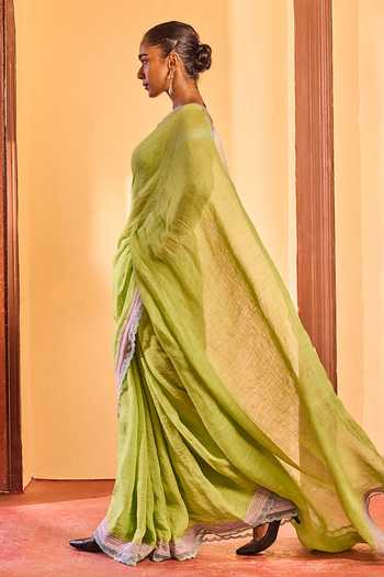 Shop Dressfolk Green Linen Handwoven Saree And Unstitched Blouse With Lace Border Shop_Dressfolk_Green Linen Handwoven Saree And Unstitched Blouse With Lace Border