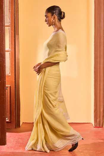 Buy Dressfolk Yellow Linen Handwoven Saree With Unstitched Blouse Piece Online at Aza Fashions Buy_Dressfolk_Yellow Linen Handwoven Saree With Unstitched Blouse Piece _Online_at_Aza_Fashions