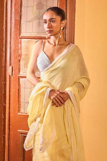 Buy Dressfolk Yellow Linen Handwoven Saree With Unstitched Blouse Piece Buy_Dressfolk_Yellow Linen Handwoven Saree With Unstitched Blouse Piece
