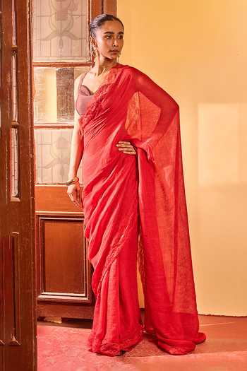 Dressfolk Red Linen Scallop Bordered Saree With Unstitched Blouse Piece Online at Aza Fashions Dressfolk_Red Linen Scallop Bordered Saree With Unstitched Blouse Piece _Online_at_Aza_Fashions