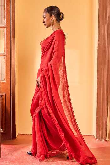 Dressfolk Red Linen Scallop Bordered Saree With Unstitched Blouse Piece at Aza Fashions Dressfolk_Red Linen Scallop Bordered Saree With Unstitched Blouse Piece _at_Aza_Fashions