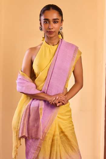 Dressfolk Yellow Linen Handwoven Ombre Saree With Unstitched Blouse Piece Online at Aza Fashions Dressfolk_Yellow Linen Handwoven Ombre Saree With Unstitched Blouse Piece _Online_at_Aza_Fashions