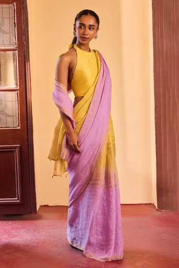 Shop Dressfolk Yellow Linen Handwoven Ombre Saree With Unstitched Blouse Piece Online at Aza Fashions Shop_Dressfolk_Yellow Linen Handwoven Ombre Saree With Unstitched Blouse Piece _Online_at_Aza_Fashions
