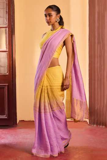 Dressfolk Yellow Linen Handwoven Ombre Saree With Unstitched Blouse Piece at Aza Fashions Dressfolk_Yellow Linen Handwoven Ombre Saree With Unstitched Blouse Piece _at_Aza_Fashions