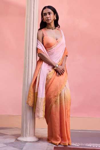 Dressfolk Pink Linen Ombre Saree With Unstitched Blouse Piece at Aza Fashions Dressfolk_Pink Linen Ombre Saree With Unstitched Blouse Piece _at_Aza_Fashions