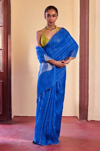 Shop Dressfolk Blue Linen Handwoven Saree With Unstitched Blouse Piece Online at Aza Fashions Shop_Dressfolk_Blue Linen Handwoven Saree With Unstitched Blouse Piece _Online_at_Aza_Fashions