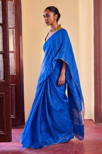 Buy Dressfolk Blue Linen Handwoven Saree With Unstitched Blouse Piece Buy_Dressfolk_Blue Linen Handwoven Saree With Unstitched Blouse Piece
