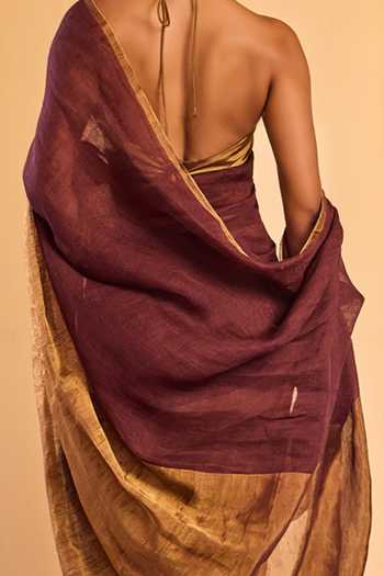 Dressfolk Gold Linen Handwoven Half Saree With Unstitched Blouse Online at Aza Fashions Dressfolk_Gold Linen Handwoven Half Saree With Unstitched Blouse _Online_at_Aza_Fashions